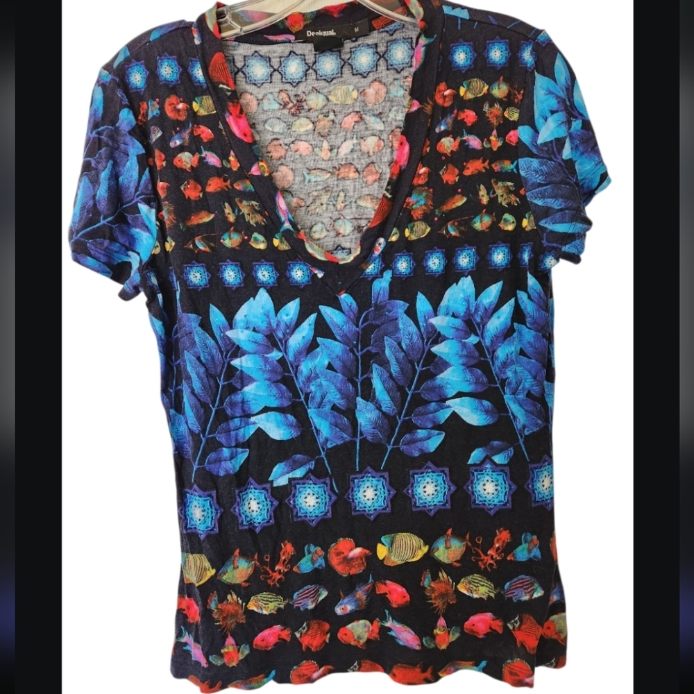 Desigual Y2K Blue and Black Leaf Print Women's Blouse